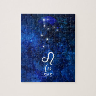 Leo Zodiac Constellation Dark Blue Galaxy Monogram Jigsaw Puzzle
