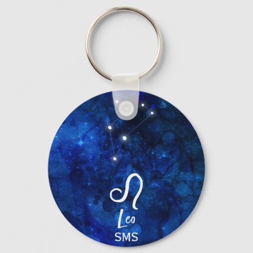 Leo Zodiac Constellation Dark Blue Galaxy Monogram Keychain
