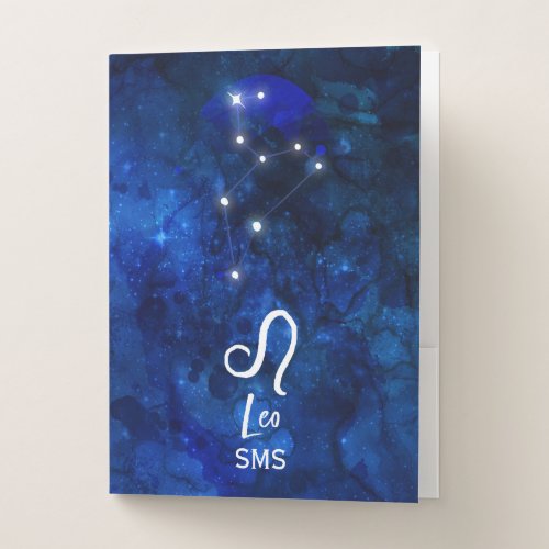 Leo Zodiac Constellation Dark Blue Galaxy Monogram Pocket Folder