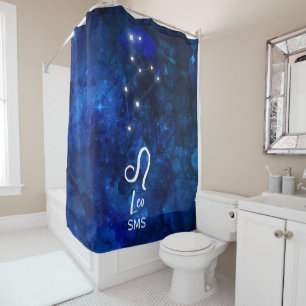 Leo Zodiac Constellation Dark Blue Galaxy Monogram Shower Curtain