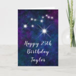 Leo Zodiac Constellation Happy Birthday Card<br><div class="desc">This cosmic and celestial birthday card can be personalized with a name or title such as mom, daughter, granddaughter, niece, friend etc. The design features the Leo zodiac constellation on a dark blue and purple watercolor galaxy background with scattered stars. The text combines handwritten script and modern serif fonts for...</div>