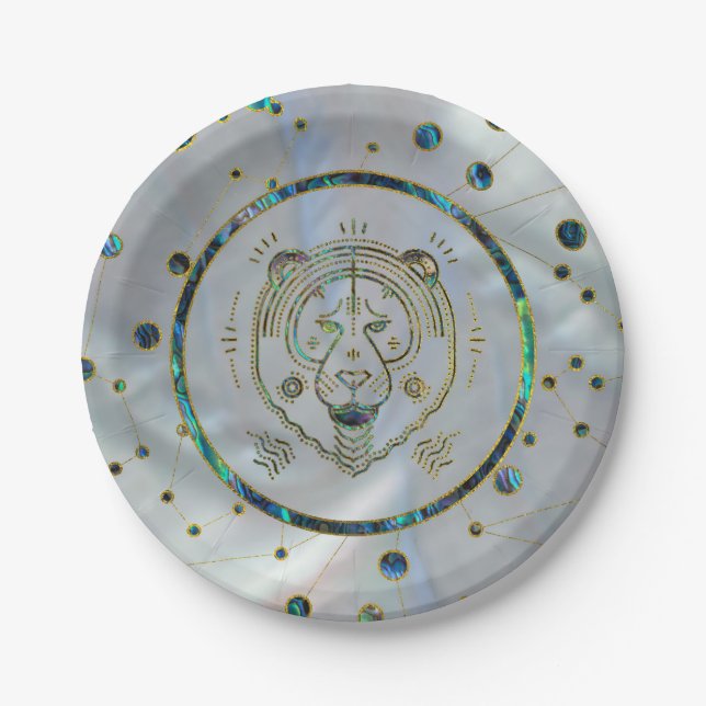Leo Zodiac Gold Abalone on Constellation Paper Plates (Front)