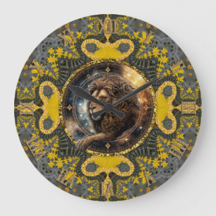 Leo Zodiac Gold Yellow Fractal Mandala Artistic Large Clock