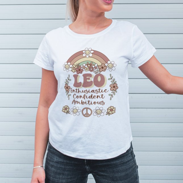 Leo Zodiac Groovy Retro Floral Rainbow T-Shirt (Creator Uploaded)