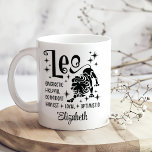 Leo Zodiac Horoscope Custom Name  Coffee Mug<br><div class="desc">Celebrate the fiery and dynamic nature of Leo with the Leo Zodiac Horoscope Custom Name Coffee Mug. This stylish mug features a crisp white background adorned with elegant black Leo horoscope graphics and characteristic traits that define this bold and charismatic sign. Personalize it with a name to make it a...</div>