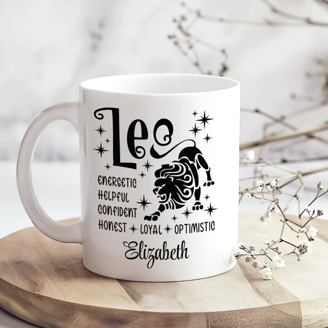 Leo Zodiac Horoscope Custom Name  Coffee Mug (Leo Zodiac Horoscope Custom Name Coffee Mug on a sunny boho wooden kitchen table with tiny flowers.)