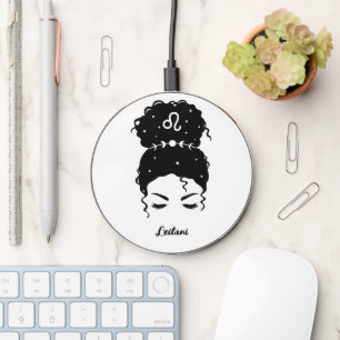 Leo zodiac messy bun brows lashes personalized wireless charger