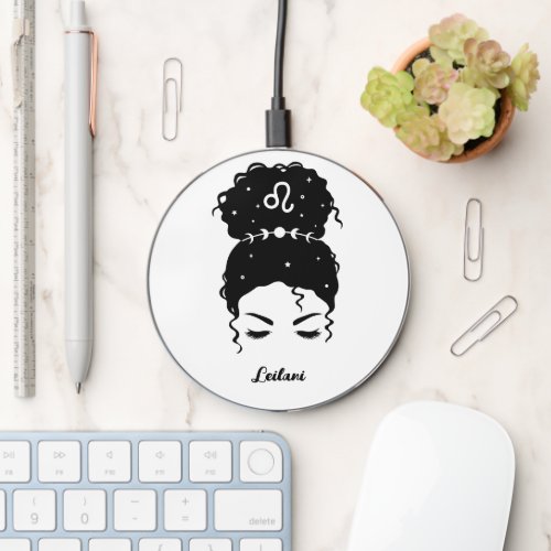 Leo zodiac messy bun brows lashes personalized wireless charger 