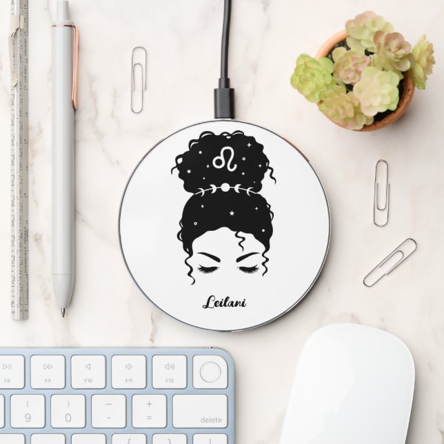 Leo zodiac messy bun brows lashes personalized wireless charger  (Desk)