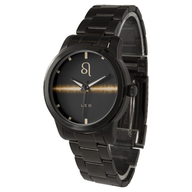 Leo Zodiac Sign Cool Light Gold Line Custom Name Watch (Angled)