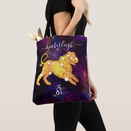 Leo Zodiac Sign Cosmic Monogram Name Gold Purple Tote Bag