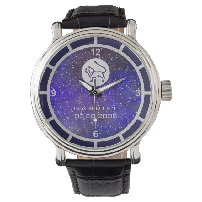 Leo Zodiac Sign Elegant Custom Name Birth Date Watch (Front)