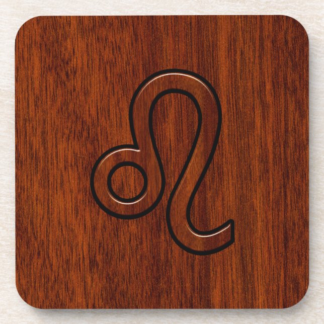 Leo Zodiac Sign in Brown Mahogany wood style Beverage Coaster (Front)