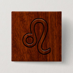 Leo Zodiac Sign in Brown Mahogany wood style Button