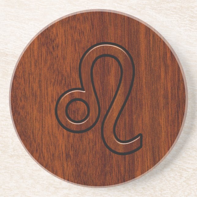 Leo Zodiac Sign in Brown Mahogany wood style Drink Coaster (Front)