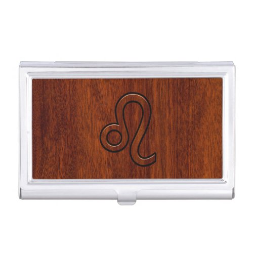 Leo Zodiac Sign in Mahogany wood style Business Card Holder