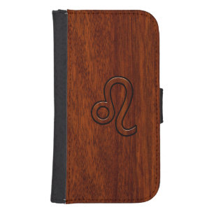 Leo Zodiac Sign in Mahogany wood style Galaxy S4 Wallet Case
