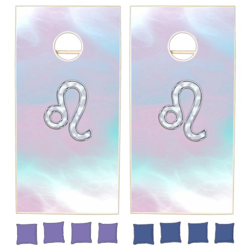 Leo Zodiac Sign in Mother of Pearl Style Print Cornhole Set