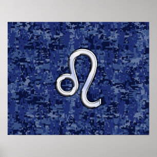 Leo Zodiac Sign on Blue Digital Camouflage
