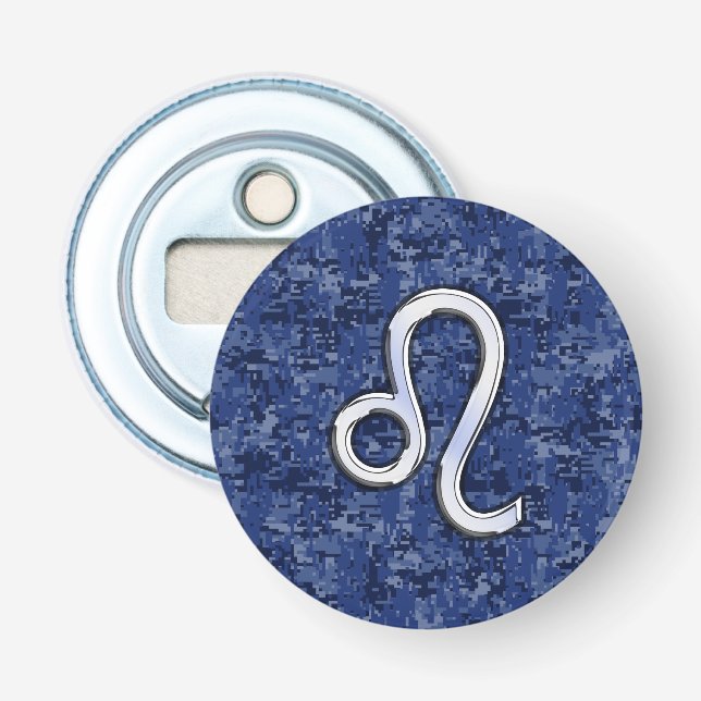 Leo Zodiac Sign on Blue Digital Camouflage Bottle Opener (Front)