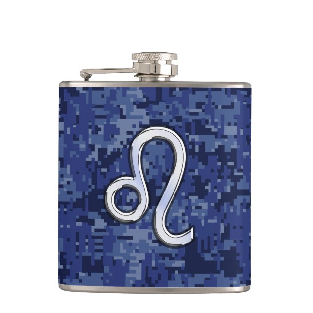 Leo Zodiac Sign on Blue Digital Camouflage Hip Flask (Front)