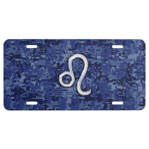 Leo Zodiac Sign on Blue Digital Camouflage License Plate