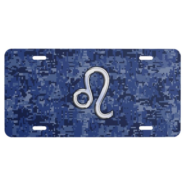 Leo Zodiac Sign on Blue Digital Camouflage License Plate (Front)