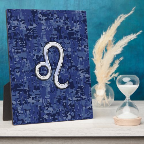 Leo Zodiac Sign on Blue Digital Camouflage Plaque