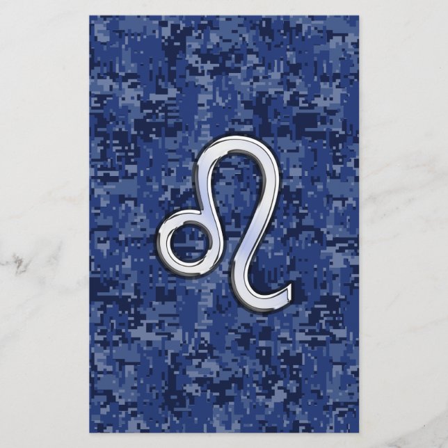 Leo Zodiac Sign on Blue Digital Camouflage Stationery (Front)