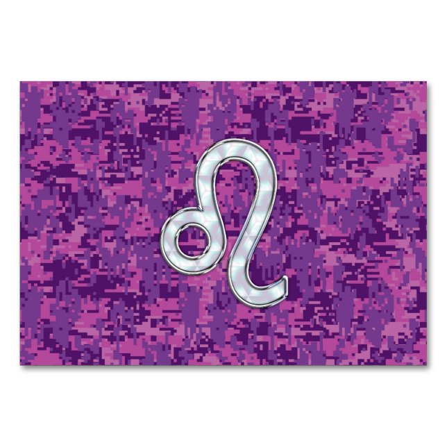 Leo Zodiac Sign on Fuchsia Digital Camouflage Table Number (Front)