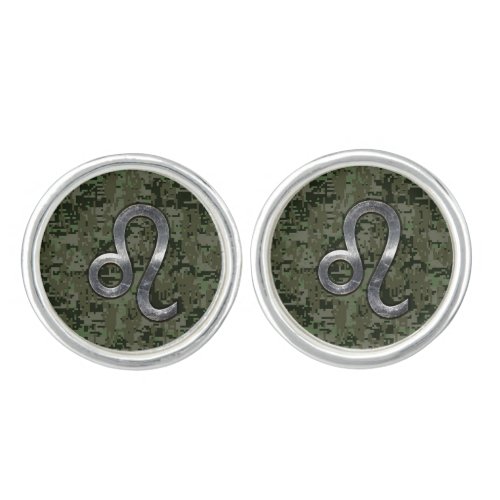 Leo Zodiac Sign on Green Digital Camo Cufflinks