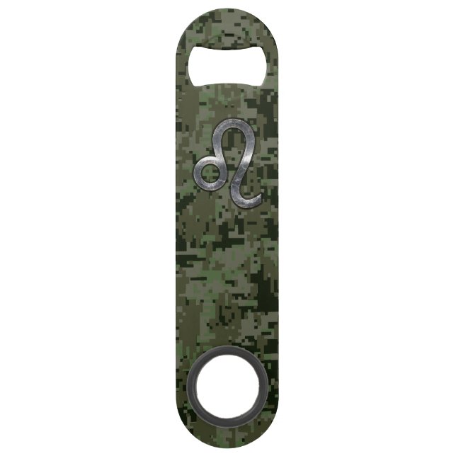 Leo Zodiac Sign on Green Digital Camo Speed Bottle Opener (Front)