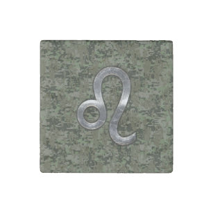 Leo Zodiac Sign on Green Digital Camo Stone Magnet