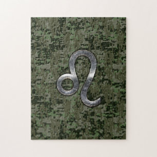 Leo Zodiac Sign on Green Digital Camouflage Jigsaw Puzzle