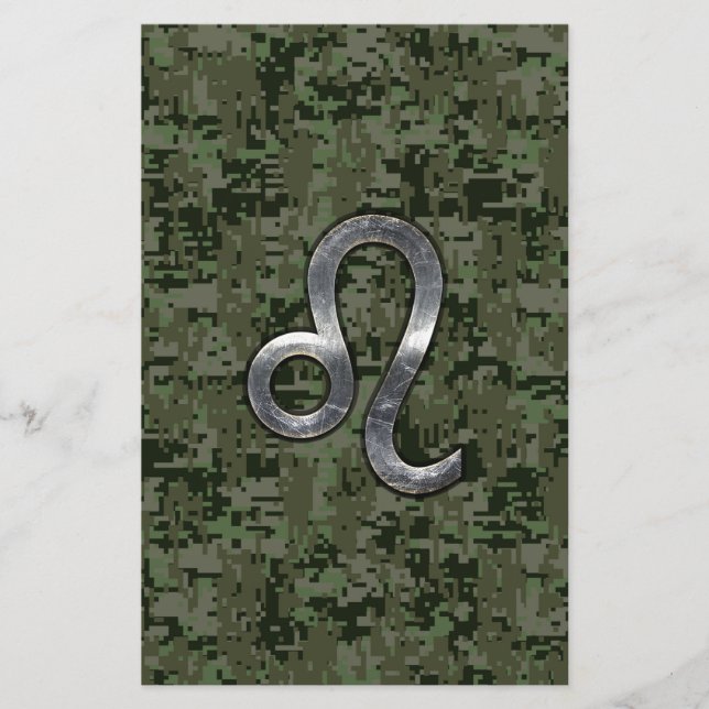 Leo Zodiac Sign on Green Digital Camouflage Stationery (Front)