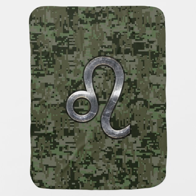 Leo Zodiac Sign on Green Digital Camouflage Swaddle Blanket (Front)