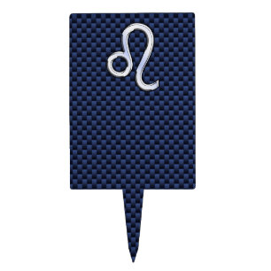 Leo Zodiac Sign on Navy Blue Carbon Fiber Print Cake Topper