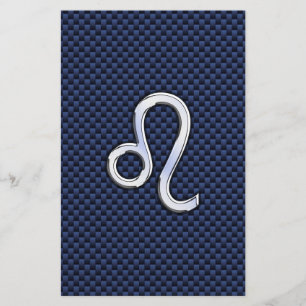 Leo Zodiac Sign on Navy Blue Carbon Fiber Print Stationery