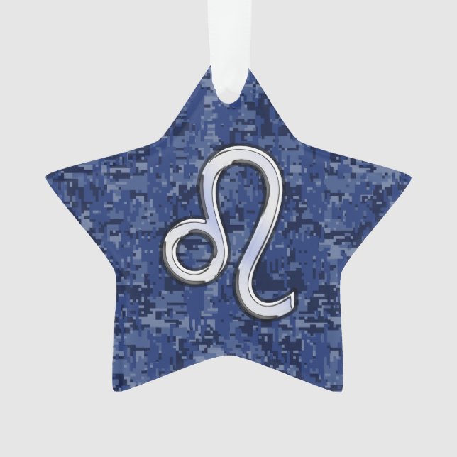 Leo Zodiac Sign on Navy Blue Digital Camo Ornament (Front)