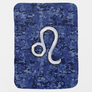 Leo Zodiac Sign on Navy Blue Digital Camo Swaddle Blanket