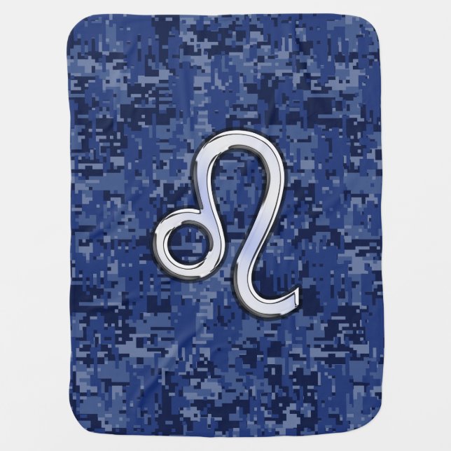 Leo Zodiac Sign on Navy Blue Digital Camo Swaddle Blanket (Front)