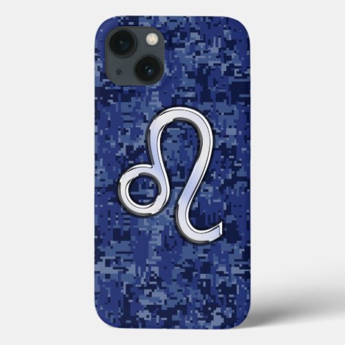 Leo Zodiac Sign on Navy Blue Digital Camouflage iPhone 13 Case