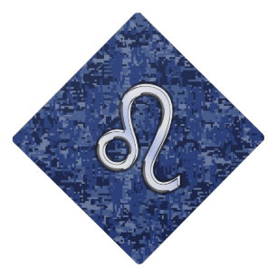 Leo Zodiac Sign on Navy Blue Digital Camouflage Graduation Cap Topper