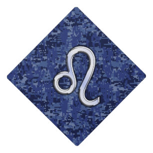 Leo Zodiac Sign on Navy Blue Digital Camouflage Graduation Cap Topper