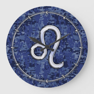 Leo Zodiac Sign on Navy Blue Digital Camouflage Large Clock