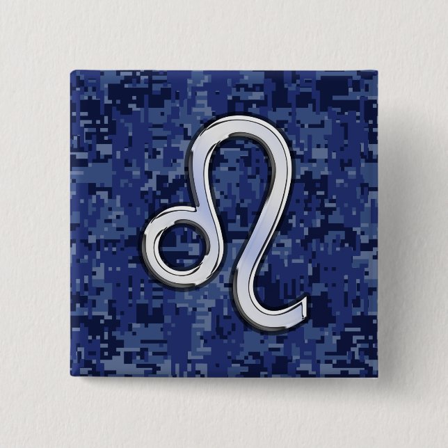 Leo Zodiac Sign on Navy Blue Digital Camouflage Pinback Button (Front)