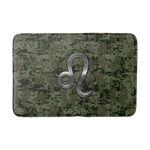 Leo Zodiac Sign on Olive Green Digital Camo Bathroom Mat