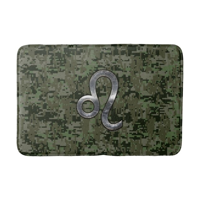 Leo Zodiac Sign on Olive Green Digital Camo Bathroom Mat (Front)