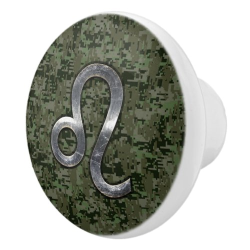 Leo Zodiac Sign on Olive Green Digital Camo Ceramic Knob