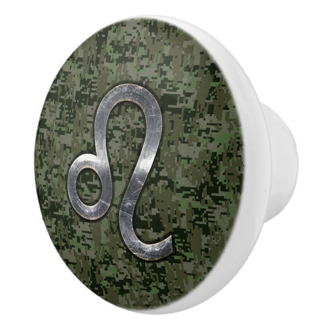 Leo Zodiac Sign on Olive Green Digital Camo Ceramic Knob (Right)